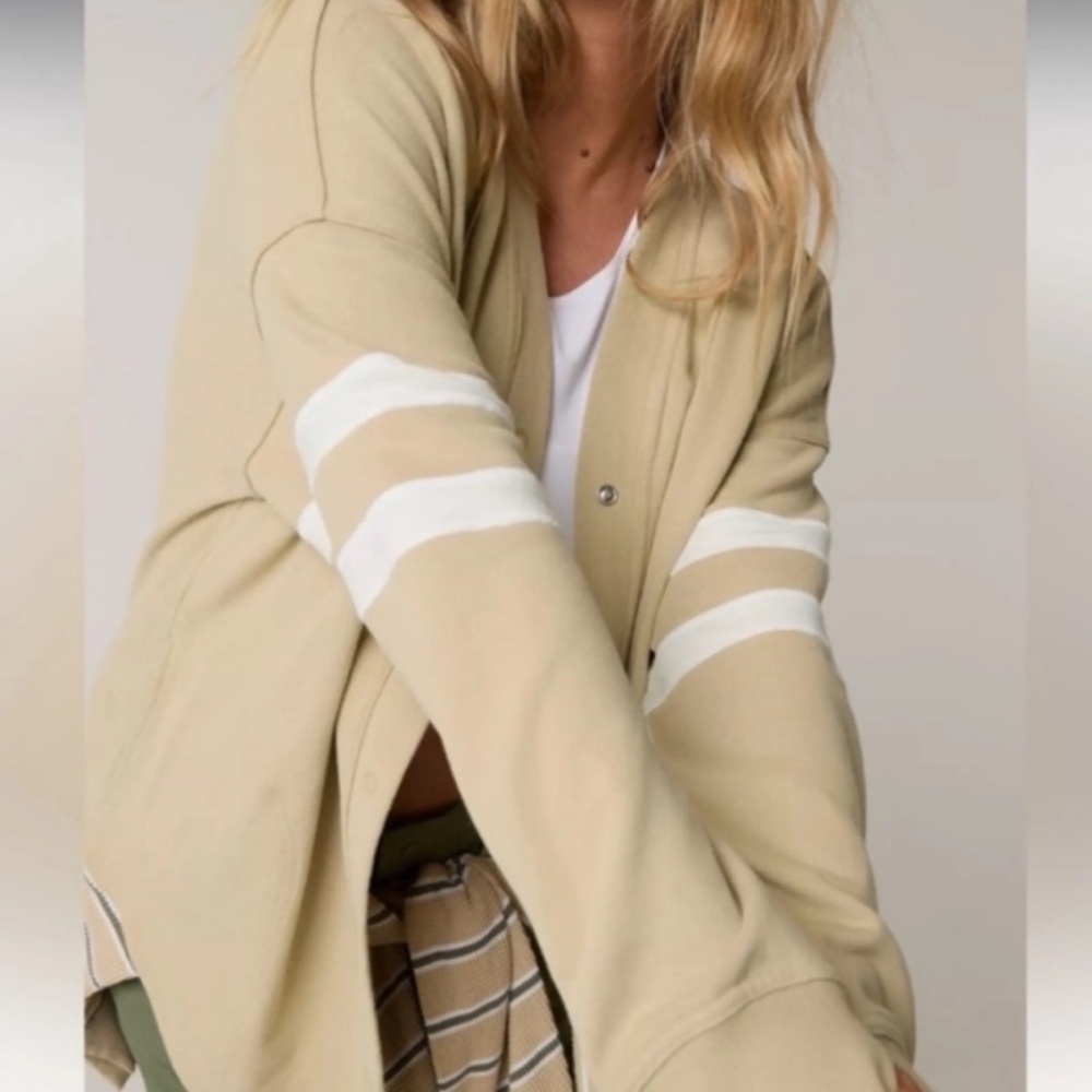 Aerie Beige Cardigan with White Stripes
